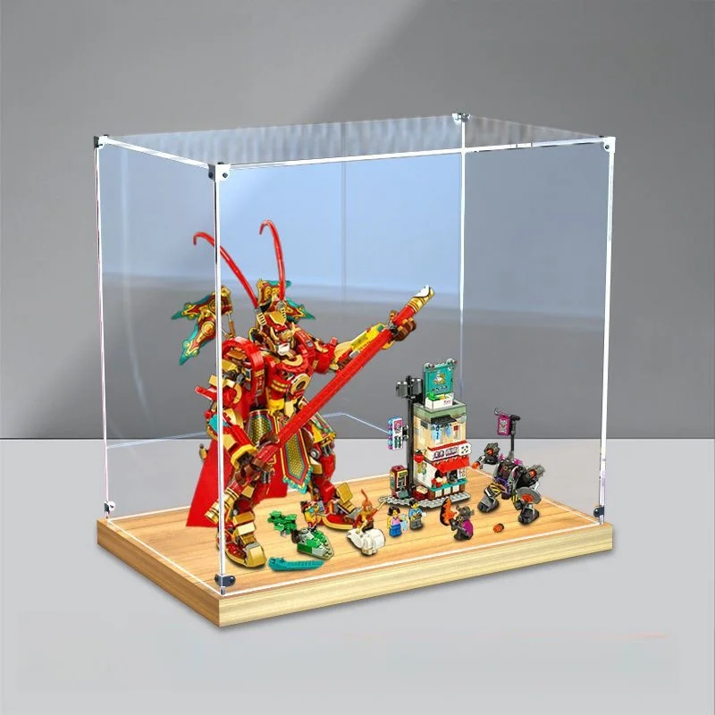 Clear Acrylic Display Box with Wooden Base, Cube Countertop Box for Collectibles, Toys, Home Organization