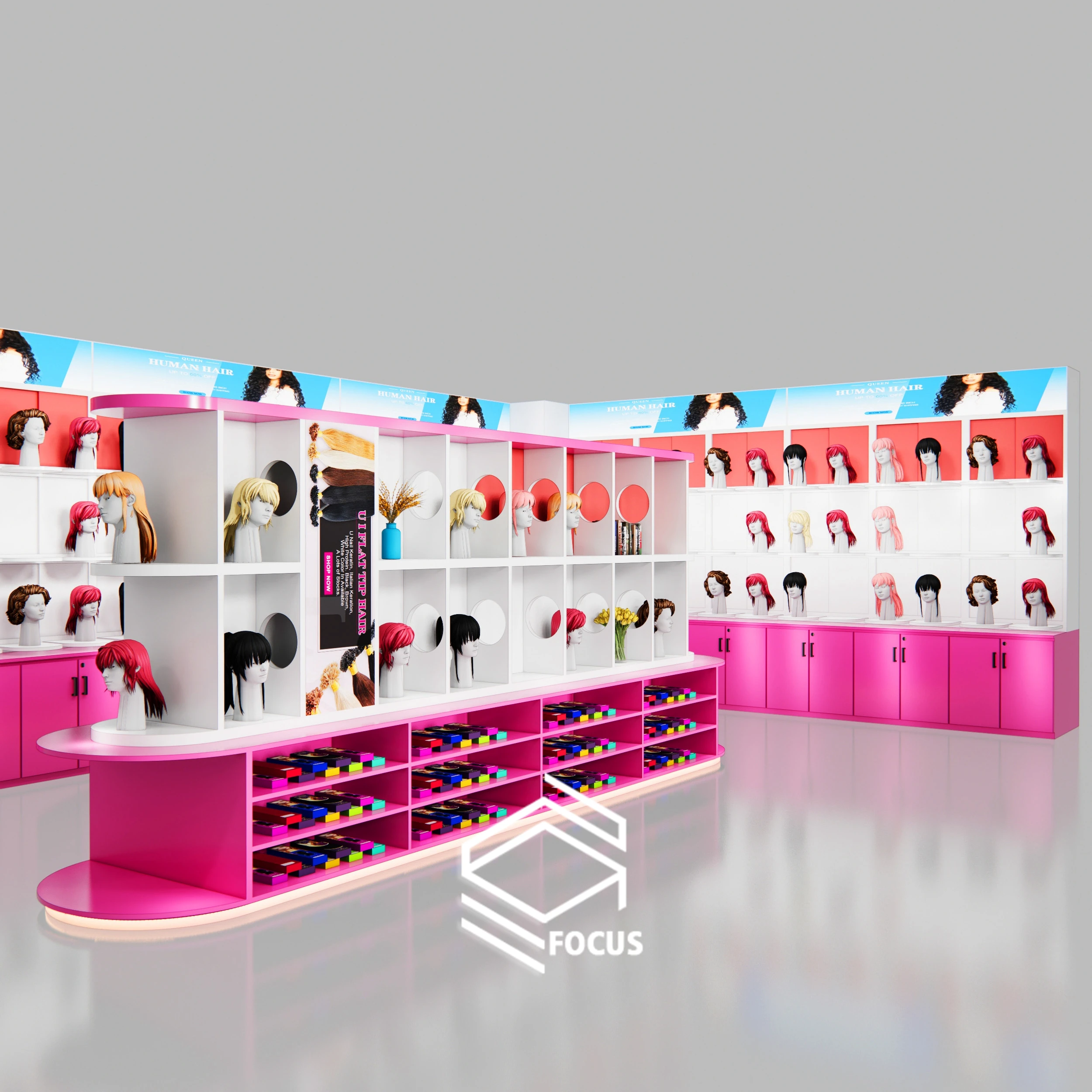 Beauty Shop Wig Display Showcase Furniture Beauty Store Display Hair Extension Salon Wall Display Cabinet For Wig Store Design