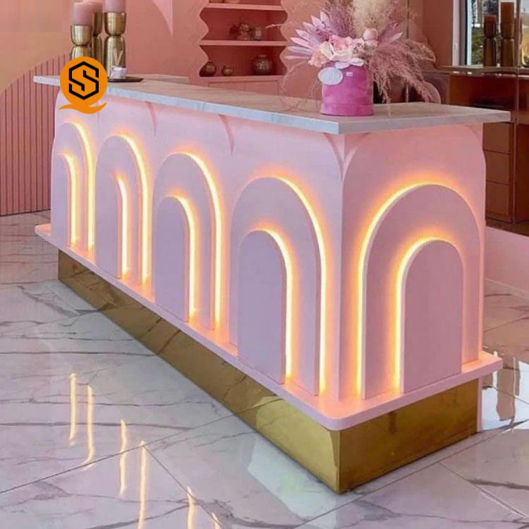 Modern 2024 fashion Spa Salon Counter Hotel Salon Furniture Pink gold  Reception Desk With Led Light