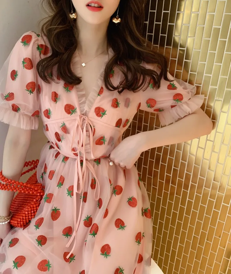 Summer Vacation Dresses Casual Girls Summer Strawberry Printed Pink Sweet Midi Dress