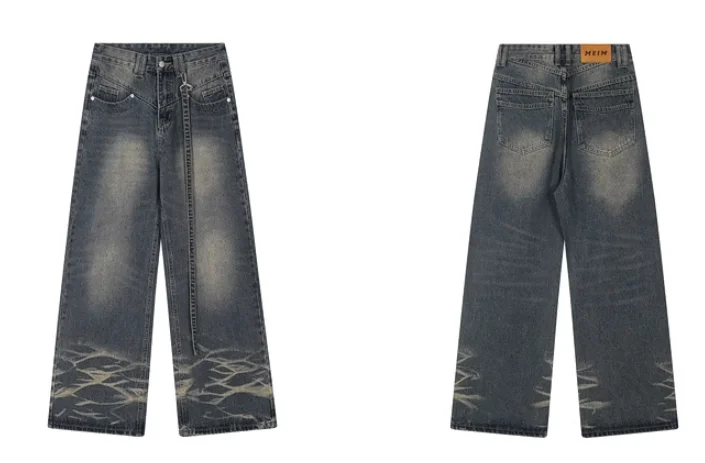 Wash Polish White Wide-Leg Baggy Jeans Workwear Tapered Jeans Trousers For Men Blue Jeans For Men