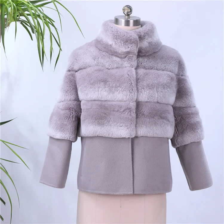 Exquisite Coats Winter Gray Short Coat Thick Hidden Button Double Face Wool Real Fur Coats For Women