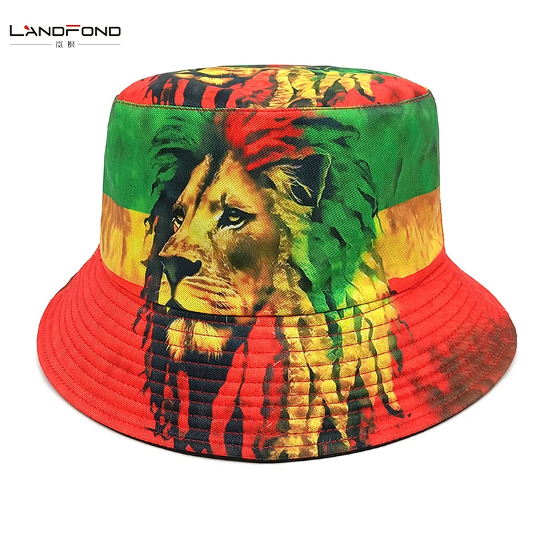Landfond Outdoor Sun Panama Cap Double Sides Fisherman Hats Cartoon Printing Pattern Lion Rasta Style Bucket Hat