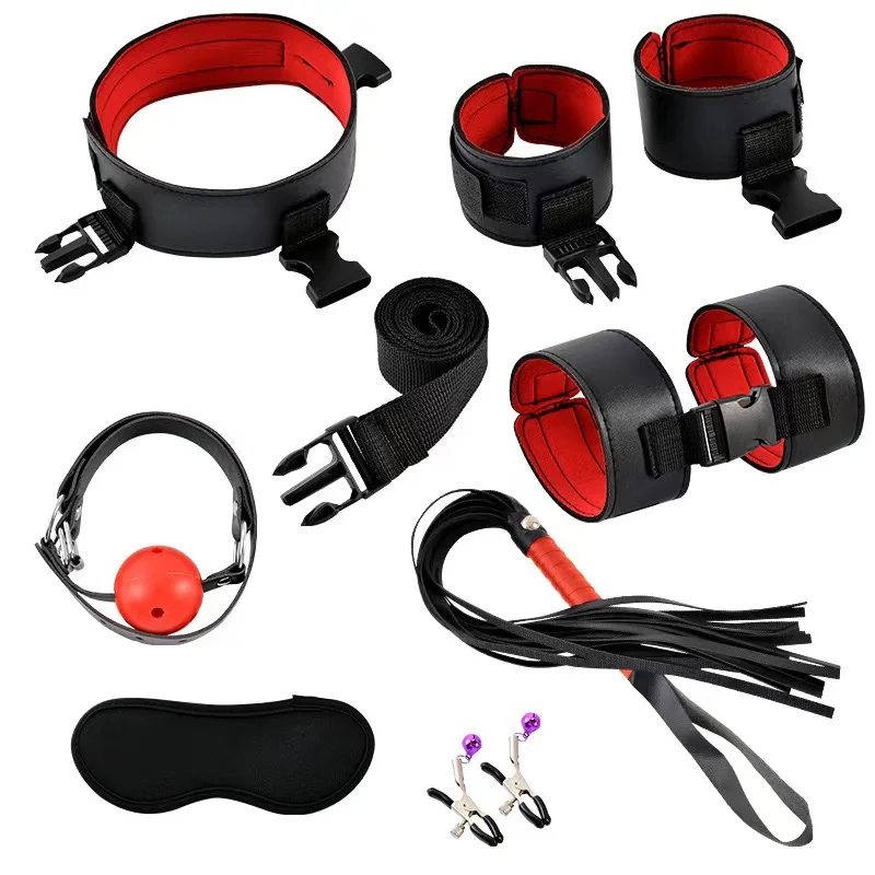 8 Pieces Purple Red Harness Bondage Set With Whip Fetish Tool SM Cosplay For Couple Sex Game Toy