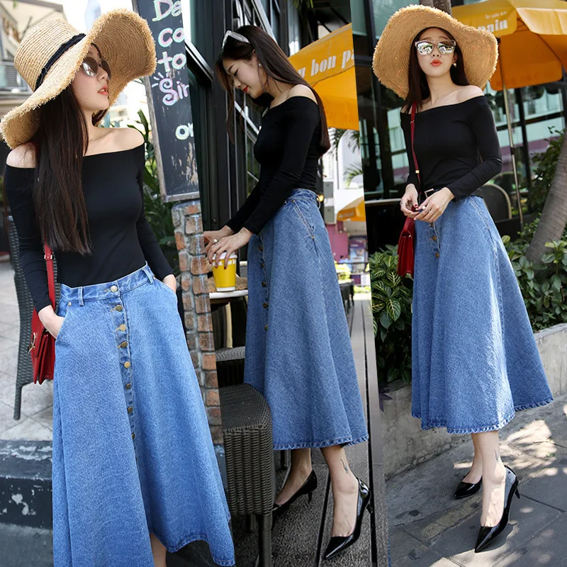 Wholesale Fashion Casual High Waist Jeans Skirts Long A Line Denim Skirts for Women