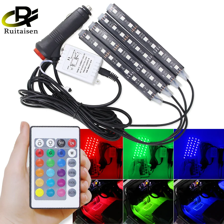 Светодиодная лента RGB для подсветки салона автомобиля 24/36/48 атмосферный окружающий свет с USB-прикуривателем музыкальным приложением и дистанционным управлением