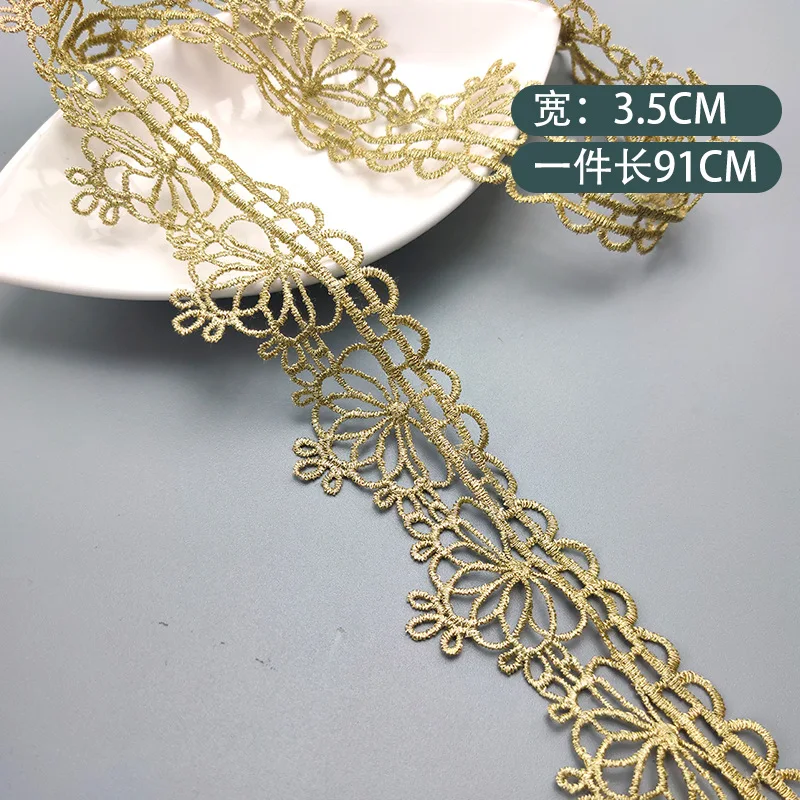 wholesale 35mm polyester golden hollowed out embroidery lace trim fabric for wedding dresses garment