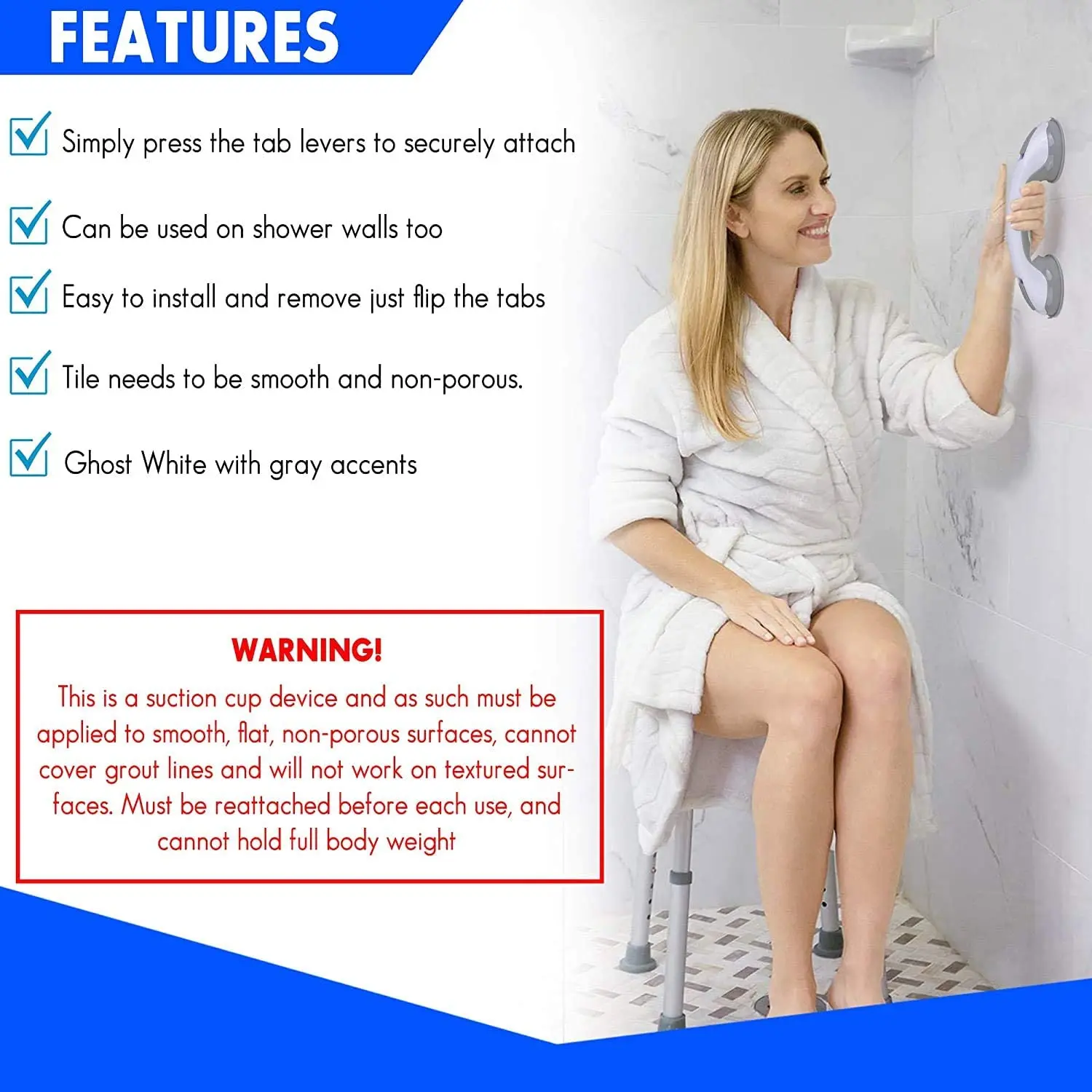Easy Install No Drilling Suction Cup Safety Hand Grips in Bathroom Help Handle for Elderly