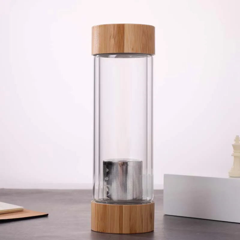 15oz Bamboo Wooden lid Double Wall High Borosilicate Glass Tea Bottle with Strainer & Infuser for Loose Tea