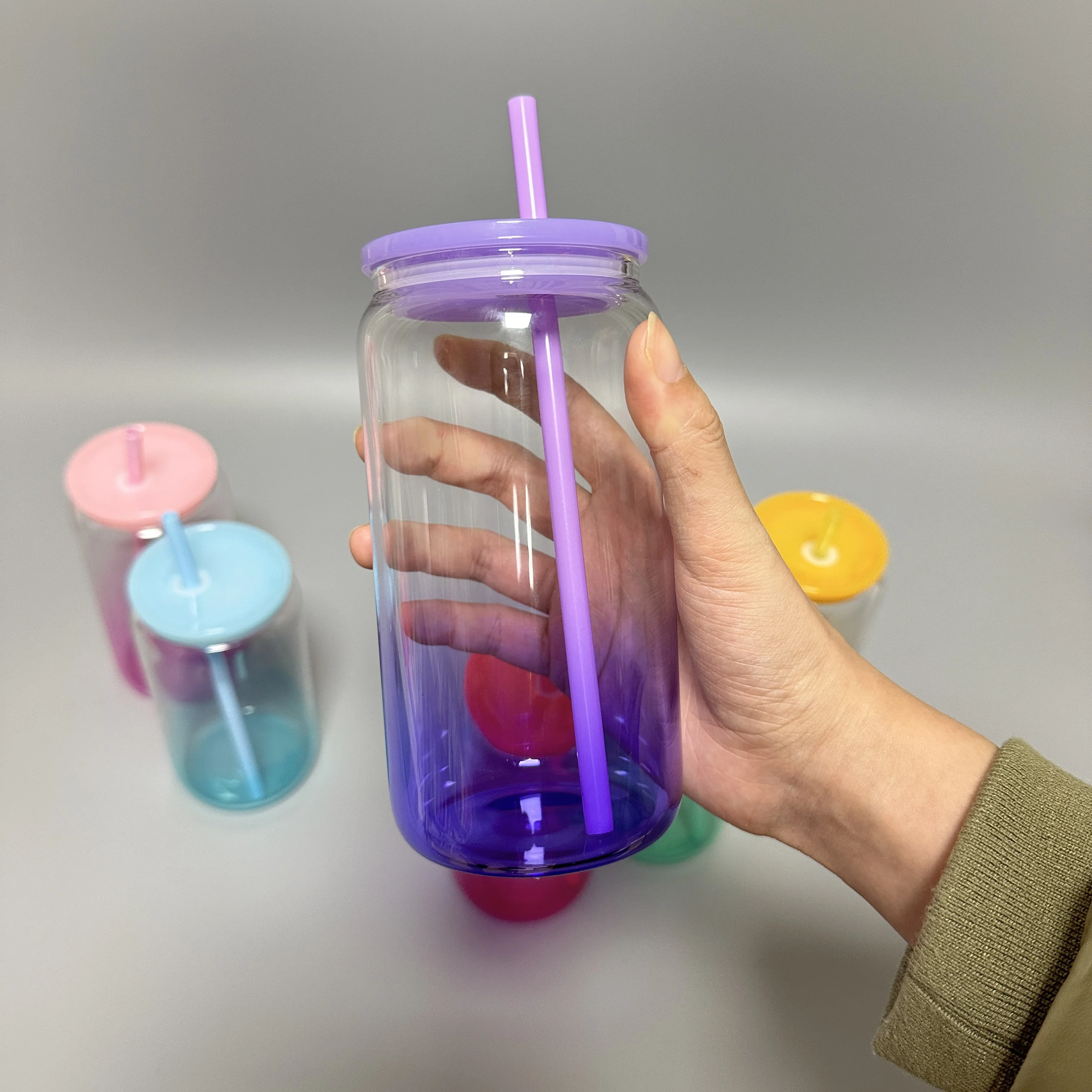 16oz Clear Glass Cans Sublimation Blanks Ombre Jelly Glass Tumblers With Colored Plastic Lids and Colored Straw