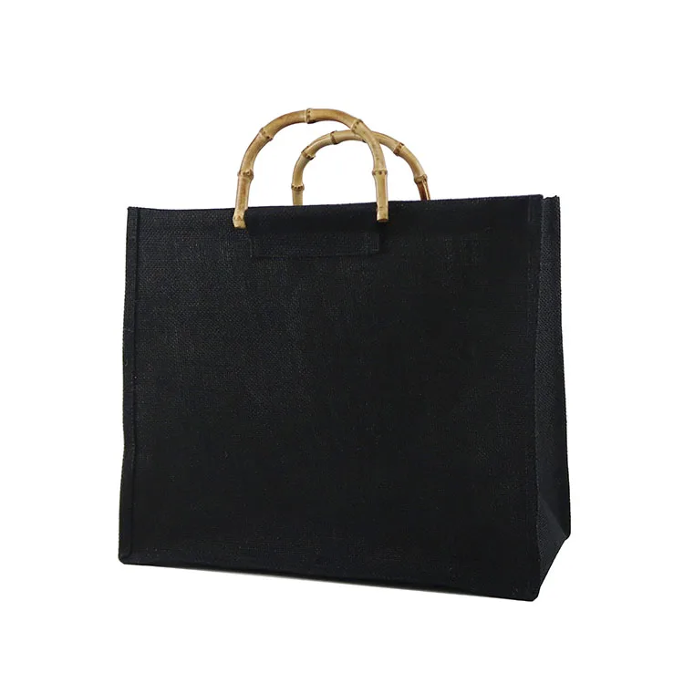 Manufacturer cheap promotional price custom logo printed shopping tote black jute bag