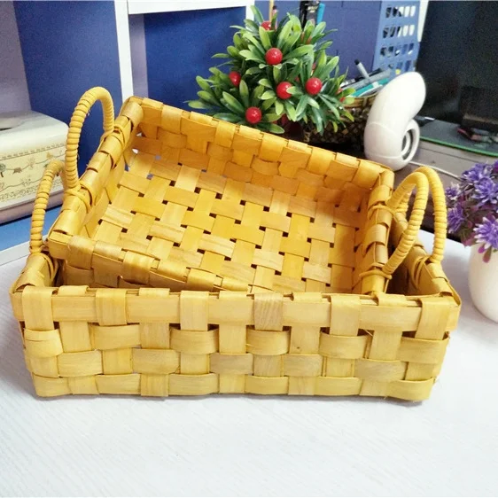 
Country Primitive Vintage Storage Basket Fashion Handmade Wood Chip Woven Storage Handle Bread Fruit Basket 