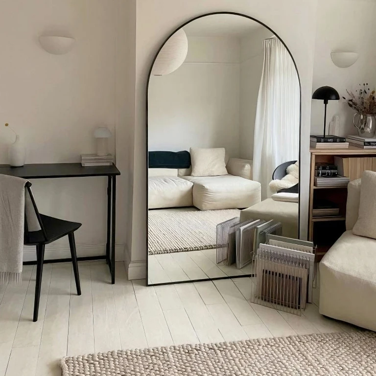 Oversized edge frame arched home decoration arched mirror, full-length alloy arched minimalist floor mirror