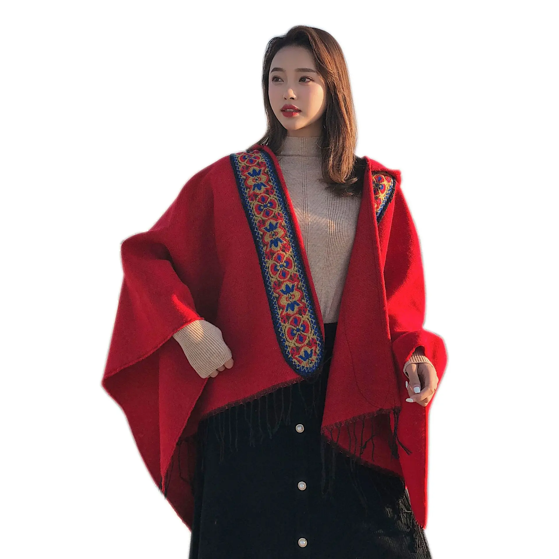 Ethnic style shawl women winter hooded thick warm travel scarf hooded cloak cloak