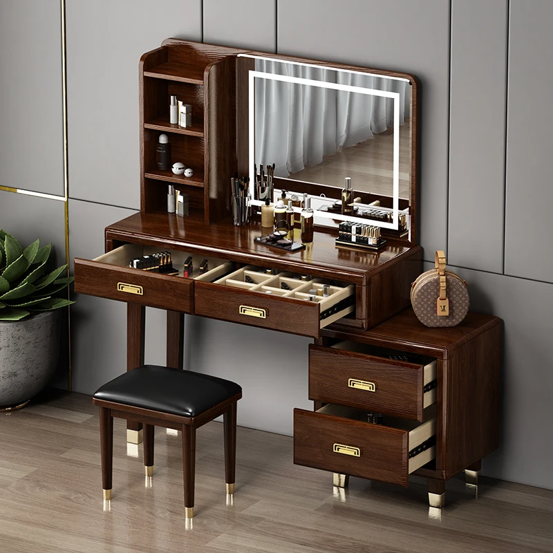 Makeup desk Modern LED Light mirror Luxury vanity Wooden Storage cabinet dressing Table Set Bedroom Furniture Dressers