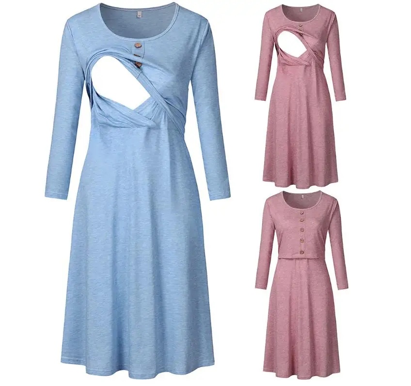 
2021 New Maternity Clothing Dresses Wear Women Pregnant Nursing Clothing Solid Breastfeeding Dress 