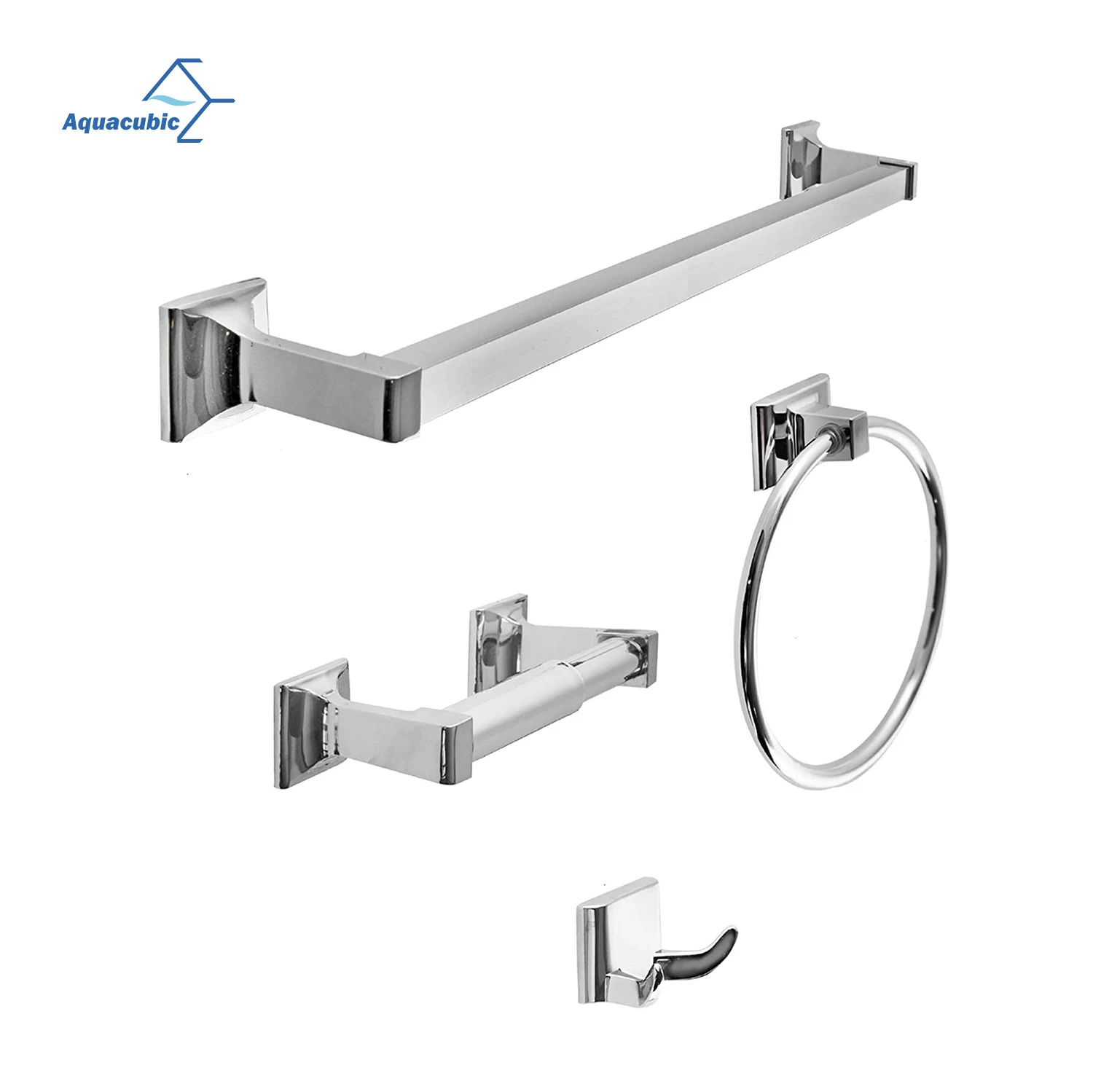 Aquacubic 4 pieces Square Bathroom Design Chrome Wall Mount Chrome Bathroom Accessories Set