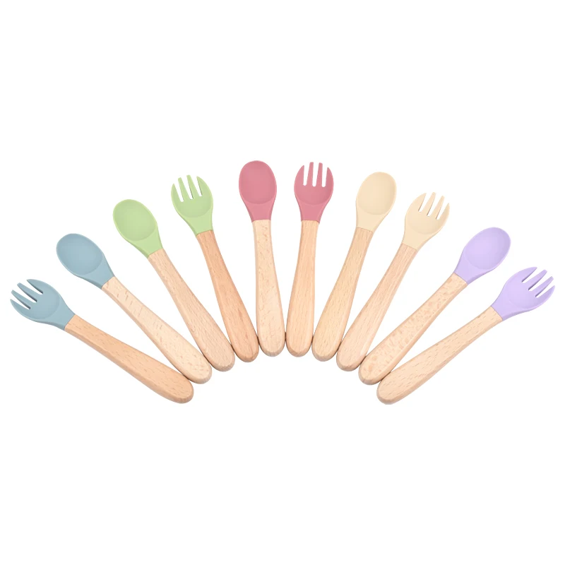 silicone baby utensils BPA free baby training feeding set 2 pack 100% silicone soft-tip spoon fork for baby led weaning