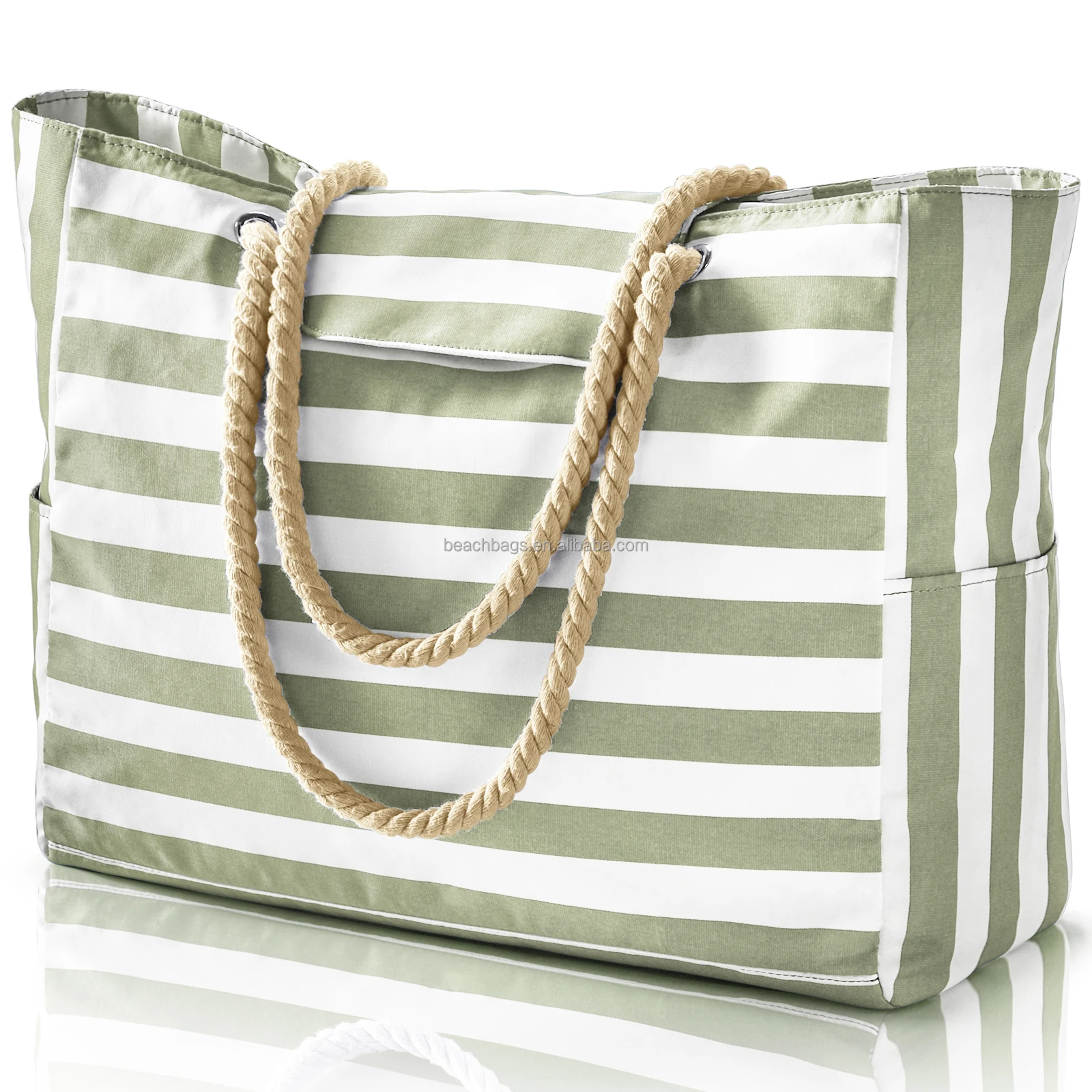 Custom Light Weight Fashion Stripe Beach Bag with Top Magnet Clasp waterproof pocket zipper canvas cotton rope handle Beach Bags