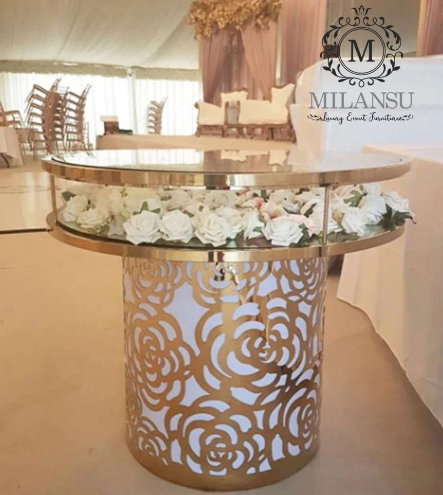 
 Свадебный золотой круглый зеркальный светодиодный набор для торта с розовым узором для праздников в обеденных столах  