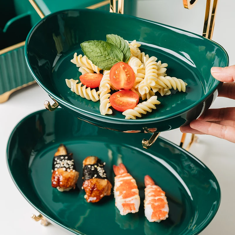 
Jade-cer European style luxury multi-layer fruit tray ceramic metal cake plate wedding hotel dessert plate display stand 