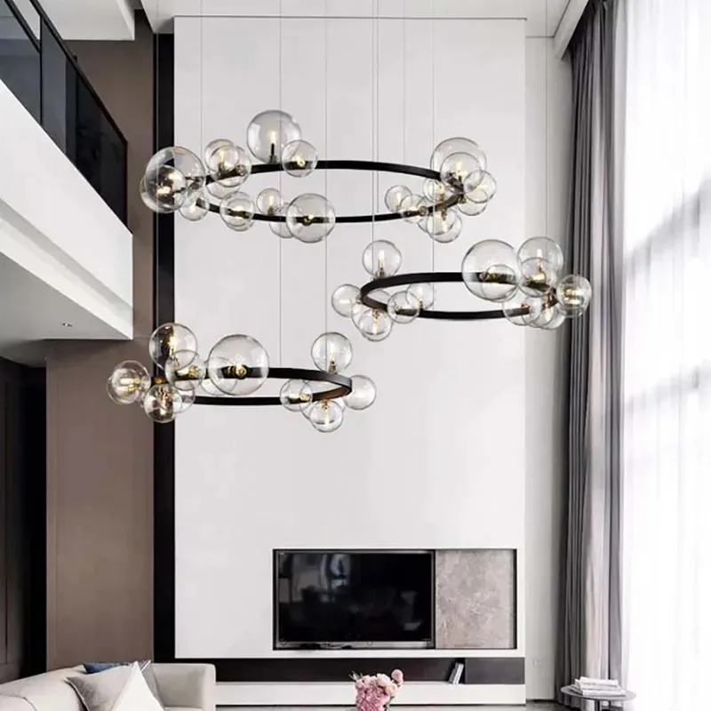 Modern living room bedroom wrought iron ring bubble ball hand blown glass chandelier