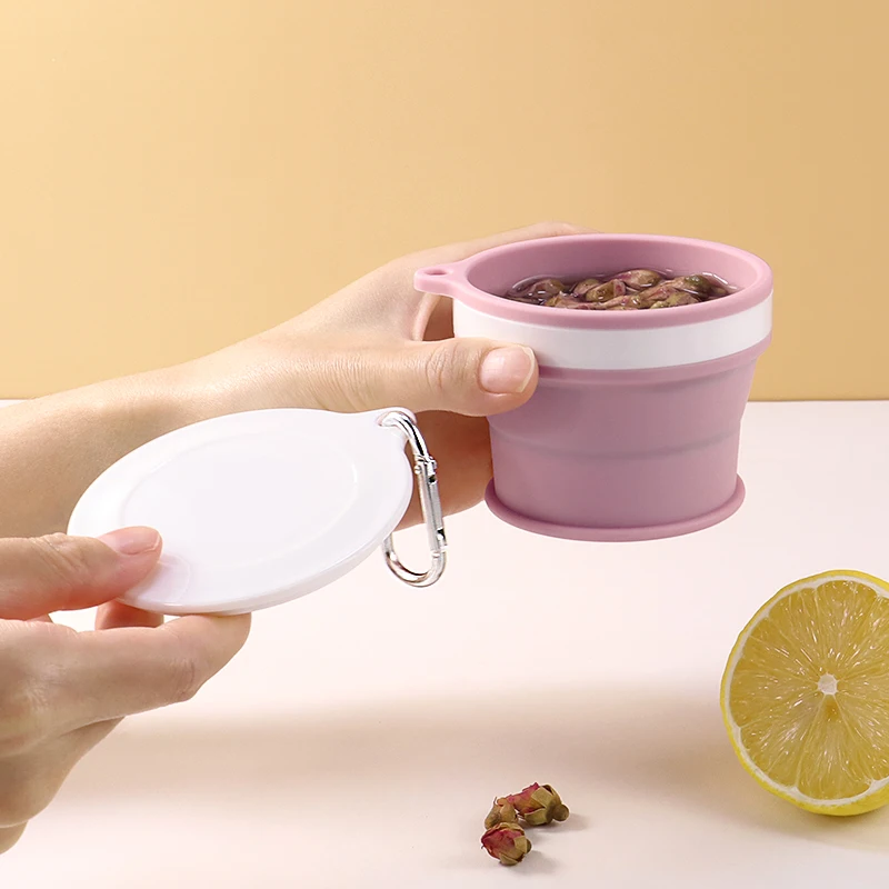 Pocket Size 170ml 6oz Reusable Folding Silicone Coffee Cup Portable Travel Mug Cup Collapsible Drinking Cup With Lid & Carabiner