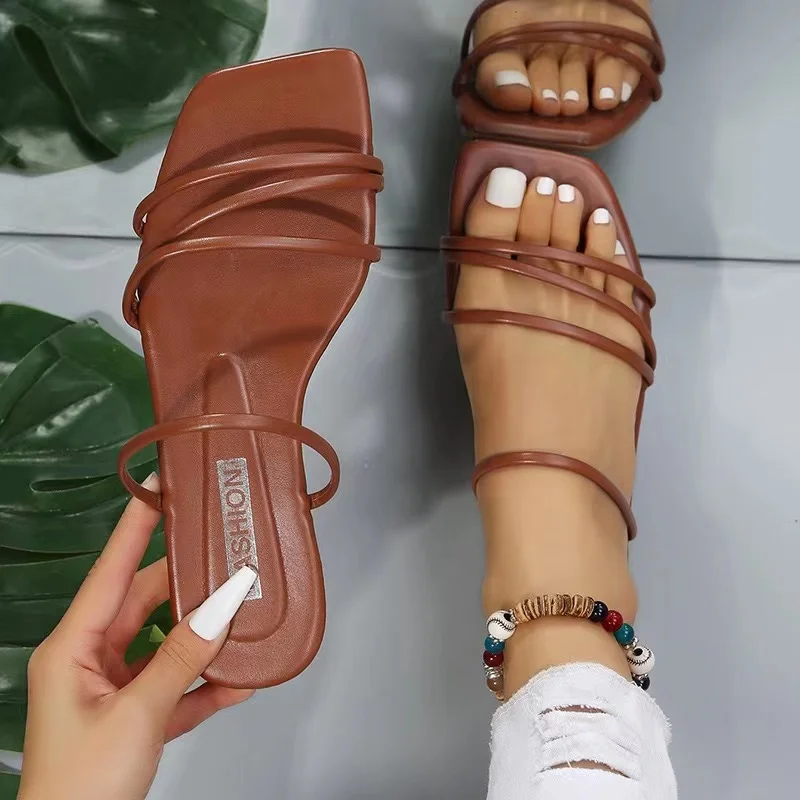 J&H wholesale 2022 flat sandals women fashion square toe multi strap slide slippers casual summer footwear