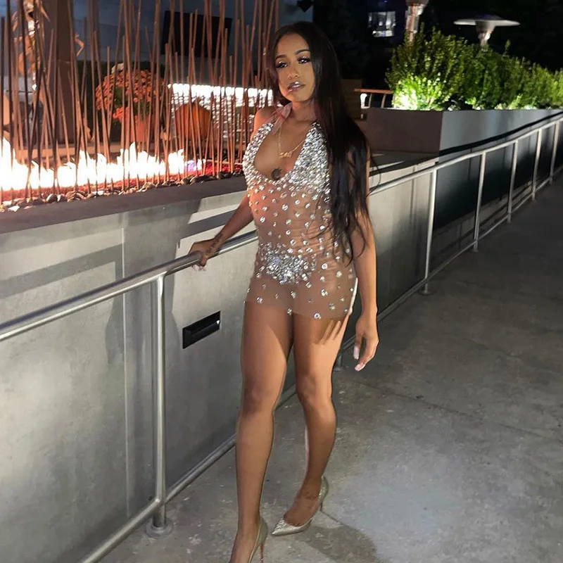 Sexy Cross neck see through backless mesh dress Sexy birthday party dress for Women spring 2023 Sexy Club Dress