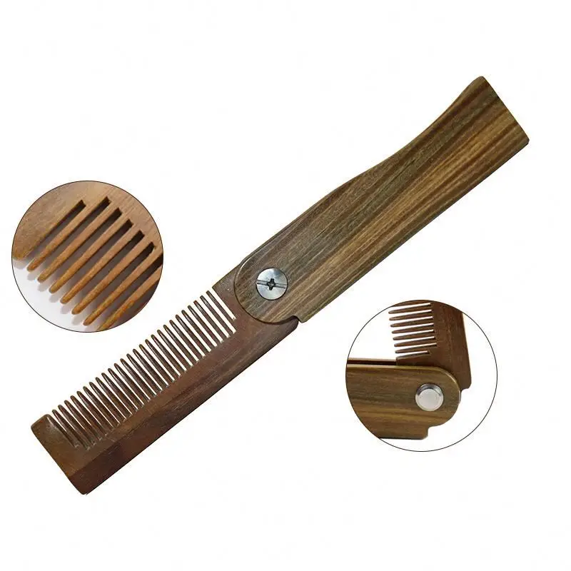 Hot Sale Eco-friendly Natural Folding Long Handle for Man Beard Rat Tail Wide Tooth Parting Green Sandalwood Hair Comb Set
