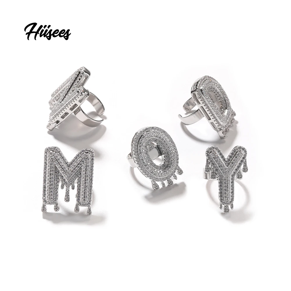 Hip hop custom crown letter ring iced out simple silver plated brass zircon  letter finger ring jewelry for girls boys