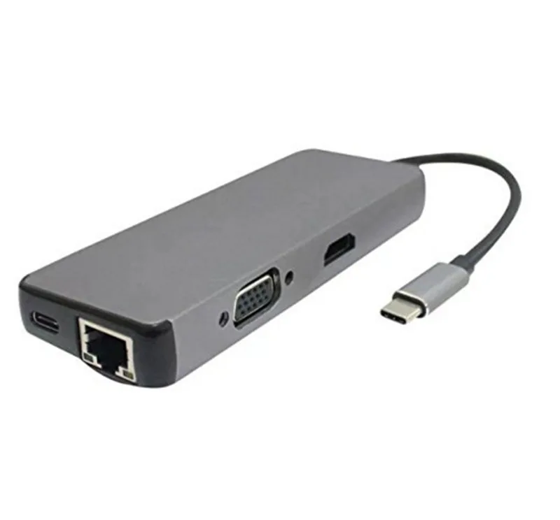  Умный алюминиевый 8 в 1 3 USB C type концентратор для RJ45 Gigabit Ethernet PD зарядка + VGA 2 * 0 SD/TF