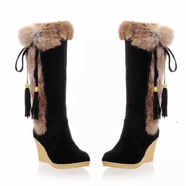 Fashion boots 2020 new women anti-skid slope with real rabbit fur high boots round toe suede fringed boots wholesale ladies