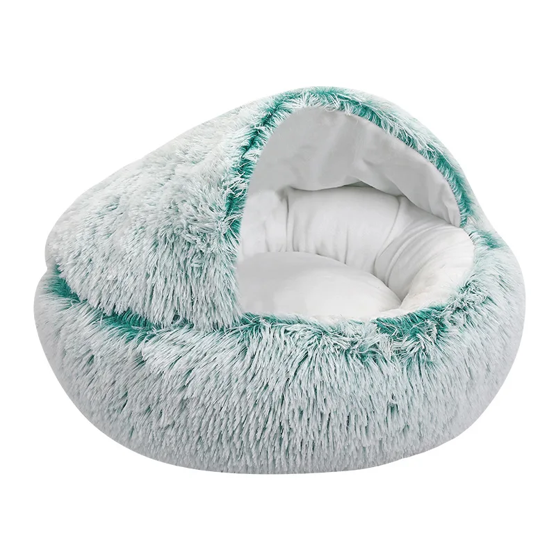 Modern pink semi-enclosed non slip luxury fluffy warm sleeping soft round donut sofa pet dog cat bed for indoor