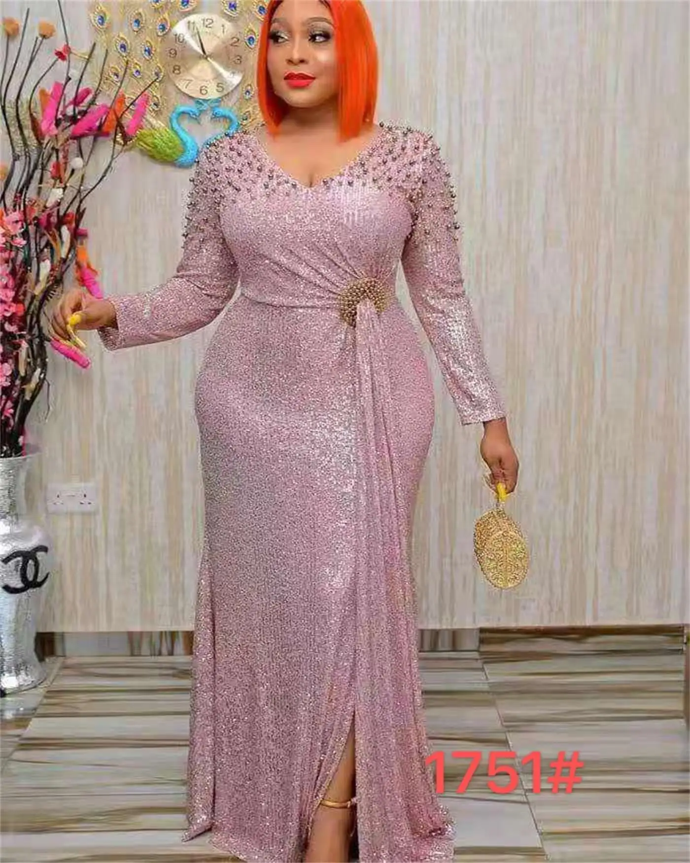 High Quality Elastic Green Long Maxi V Neck Birthday Party Sequin Ladies Cheap Evenning Dress