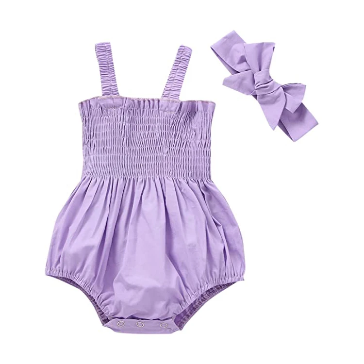 Summer Baby Girls Sleeveless Suspender Design Pleated Cotton Ruffled Hem Romper With Headband