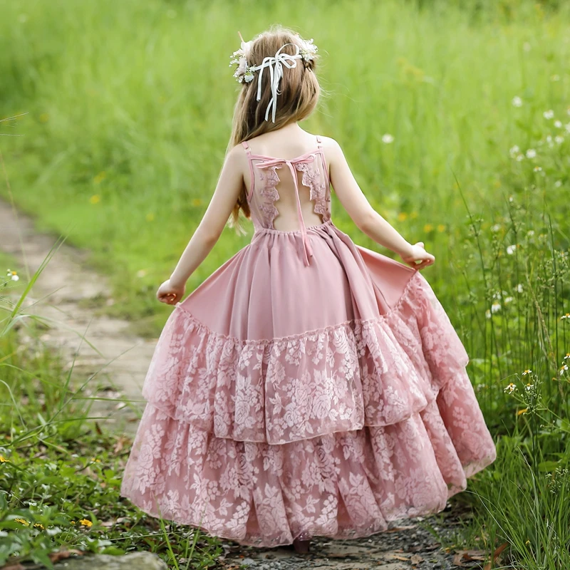 Boho Flower Girl Dress Wedding Pink Black Withe Ball Gowns For Girls 4-14 Years Old