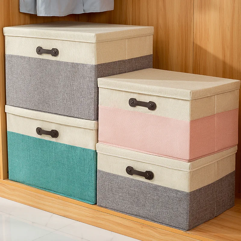 Wholesale cotton and linen household clothes storage box toy storage box clothes storage basket foldable organizing box with lid