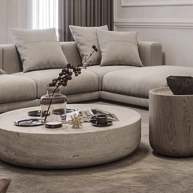 Modern Round Marble Coffe Table Natura Travertine Tea Table For Living Room