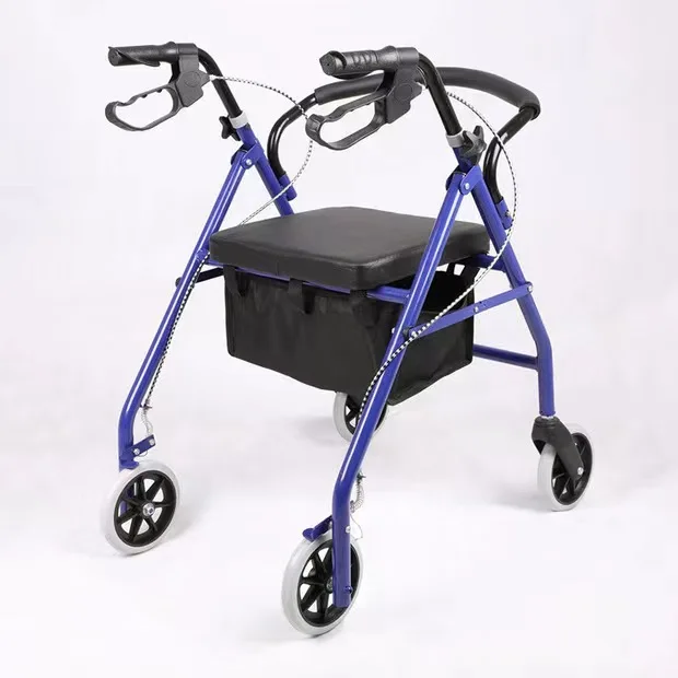 Height Adjustable Handicapped Four Wheels Aluminum Folding Rollator Walker With Seat