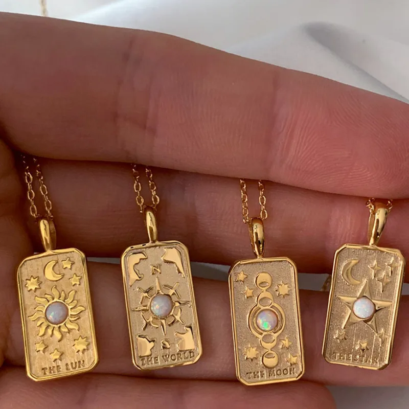 Vintage Amulet Star Sun Moon Necklace 3D Embossed Opal Real Gold Plated Link Chain Tarot Pendant Necklace
