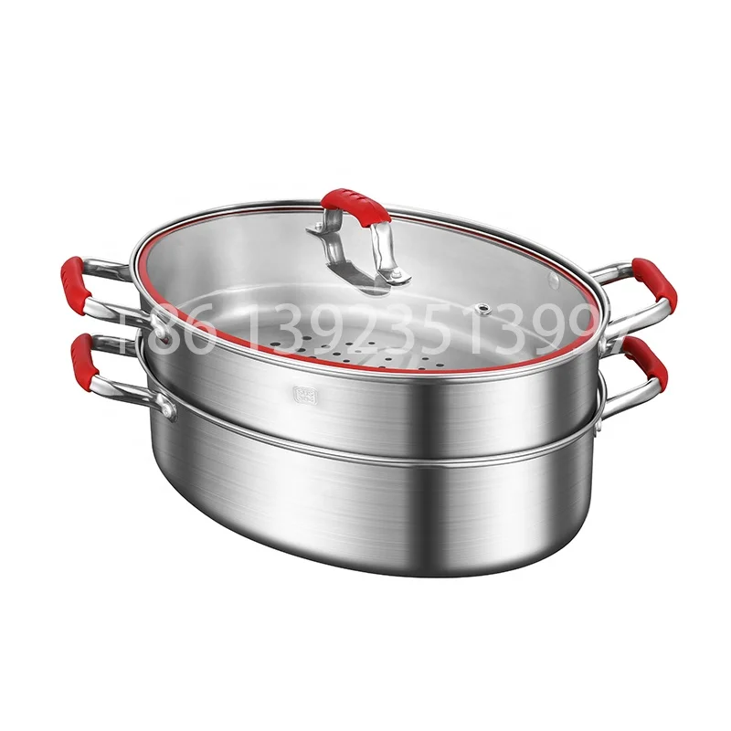 Stainless steel double deck fish commercial steamer pot in red