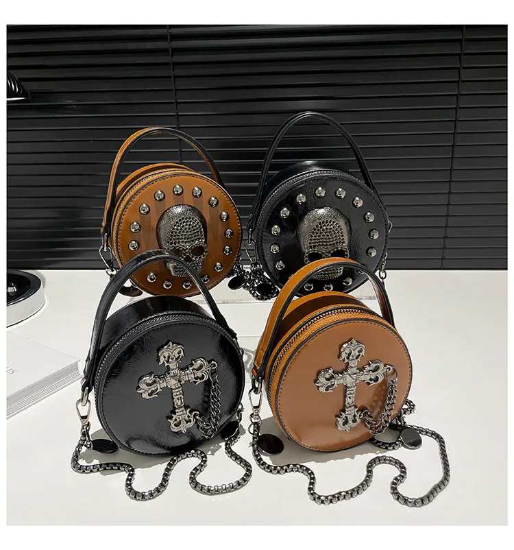 Halloween Hip-hop Skull Retro Rivet Small Round Shoulder Bag Gothic Designer Personalized Trendy Fashion PU Leather Handbag