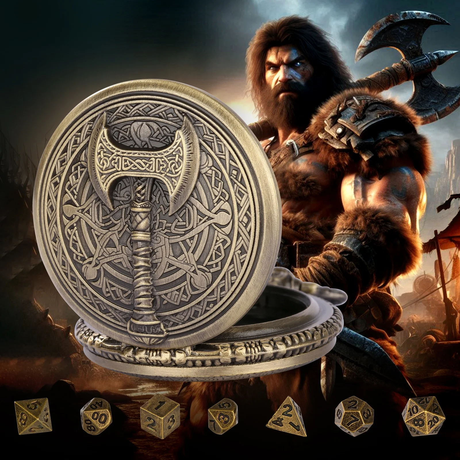 Barbarian Hatchet Mysterious Theme Pocket Watch Case 41 Available Styles Portable Dice Box with Metal Dice Set