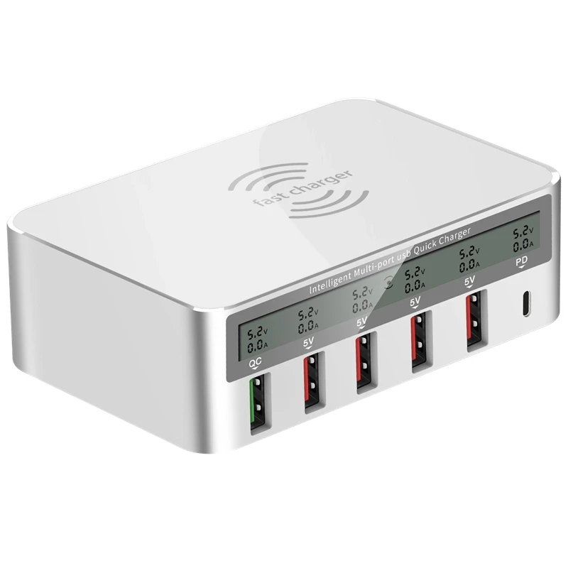 
New Arrival Hot sales LED Digital Display charging Station USB Type c 6 Ports wireless Multi-Port Travel USB Charger 