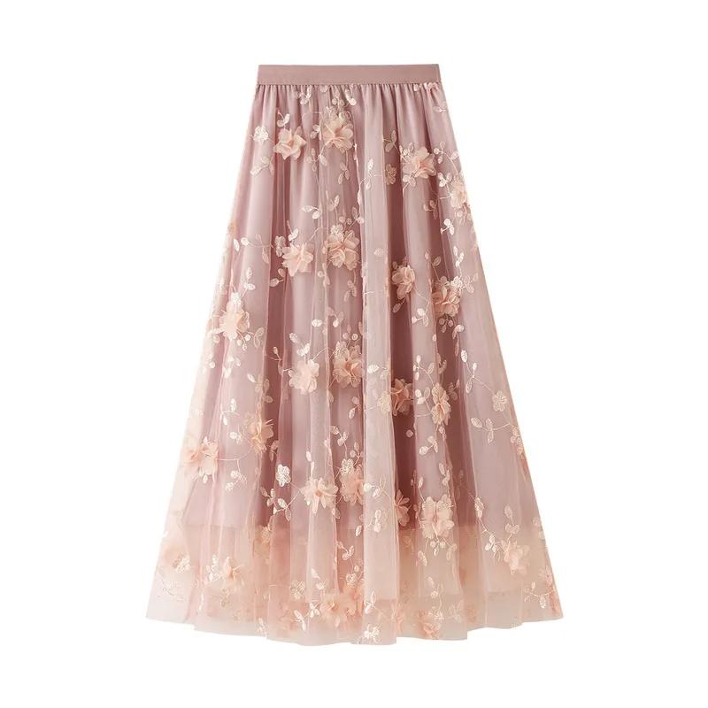 Women Skirt Embroidered A-line High Waist Long Gauze Skirt