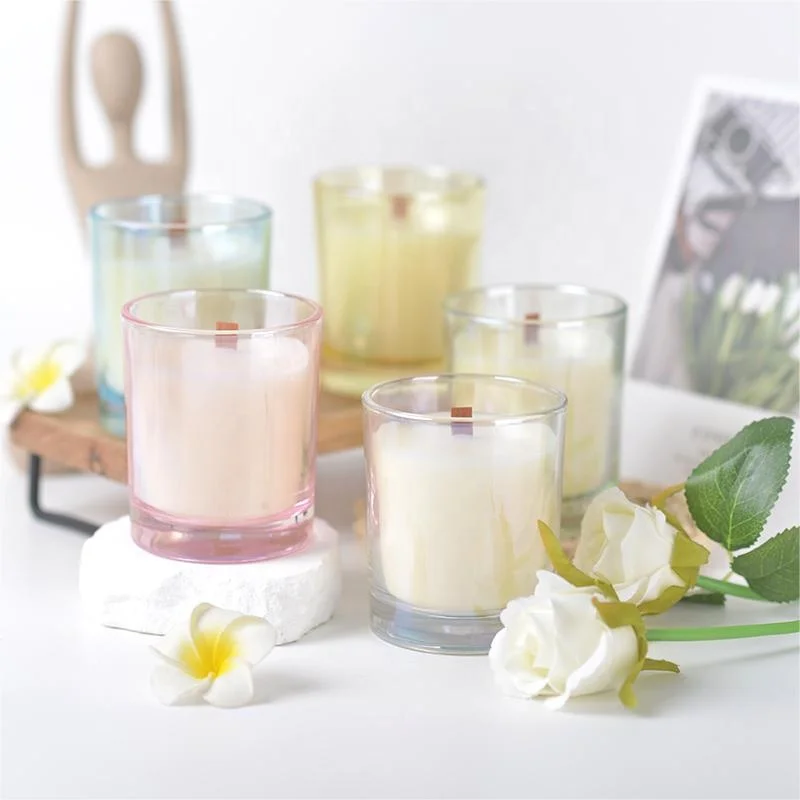 2024 New Design Wood Wick Luxury Clear Iridescent Electroplate Glass Scented Candle