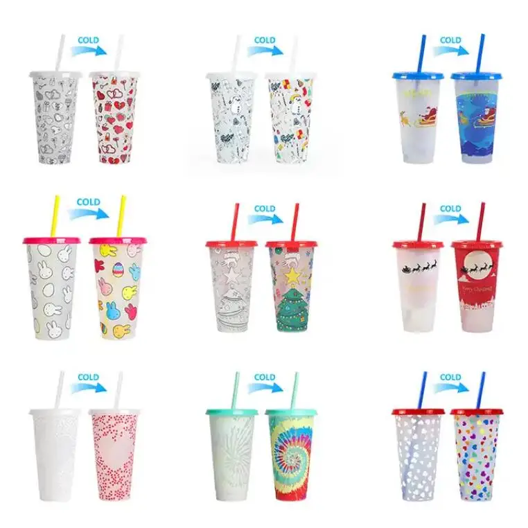 750ml/24oz Custom Logo Reusable Coffee Tumbler Straw Lid Stadium Cold Plastic Color Changing Ice American Cup Tea Wholesale Mugs