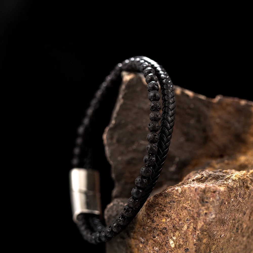 Handmade Jewelry Natural Stone Man Leather Bracelet Lava Stone Lapis Lazuli Tiger Eye Bead Man Braided Leather Bracelet