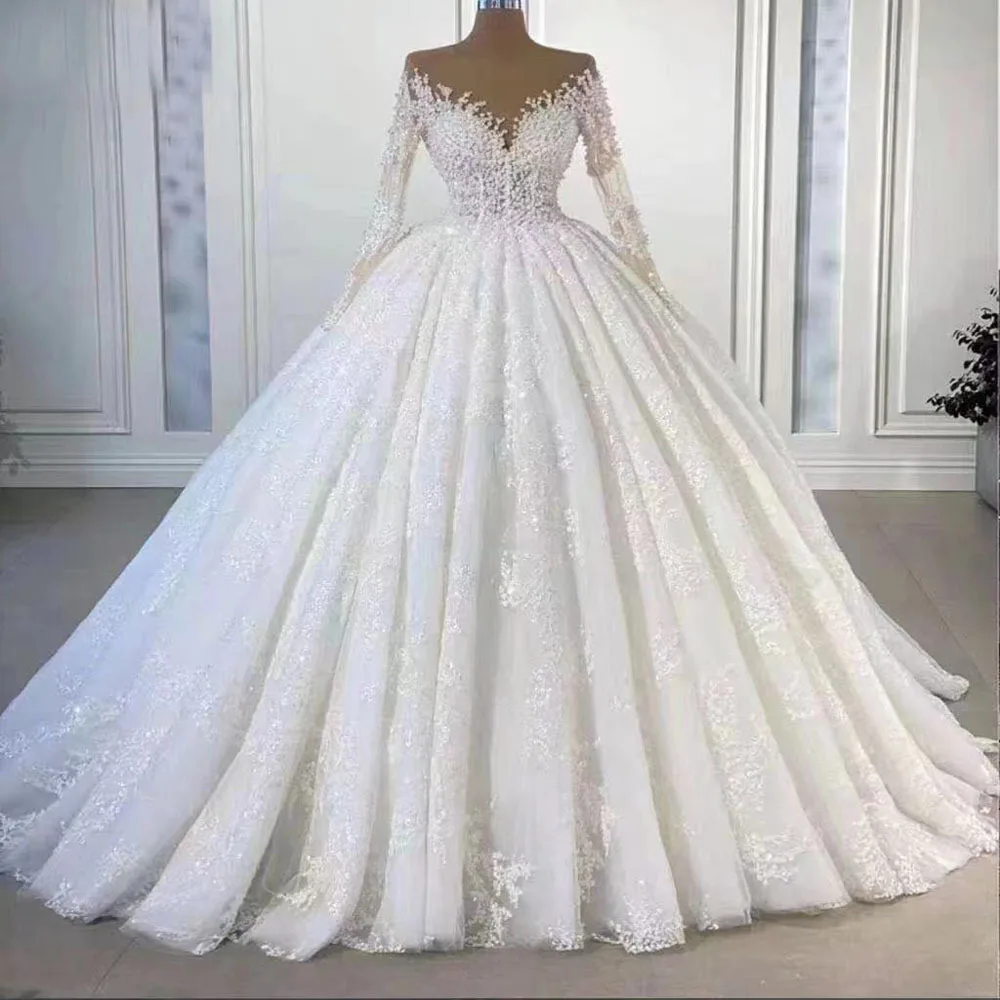 new Fashion Shining luxury Long Sleeve Ball Gown Wedding Dress Beaded sequin princess dress Bridal Dress